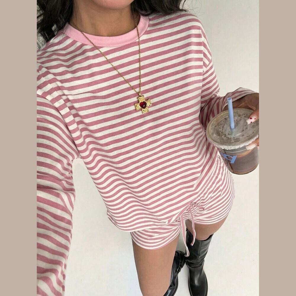 Pink and White Striped Contrast Trim Long Sleeve Top and Shorts Set